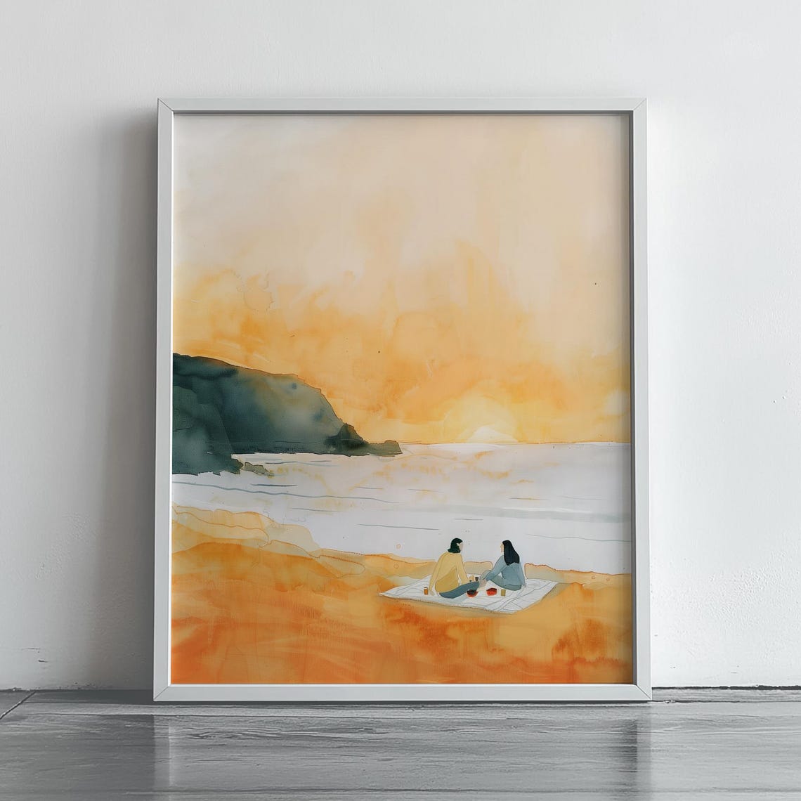 Sunset Beach Picnic Painting Romantic Coastal Scene Art Poster