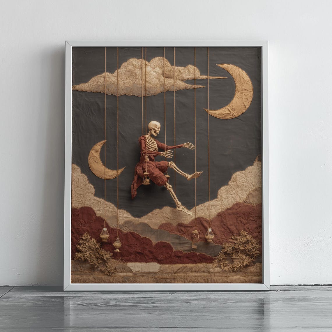 Skeleton Puppet Crescent Moons Dark Gothic Halloween Art Poster