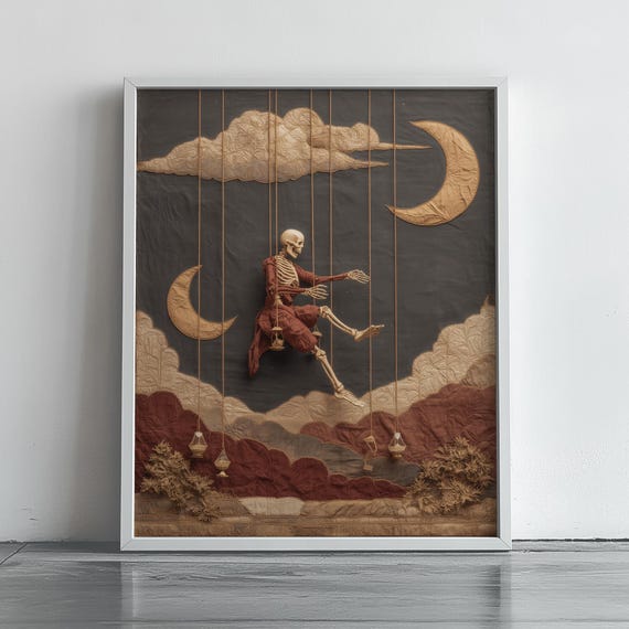 Skeleton Puppet Crescent Moons Dark Gothic Halloween Art Poster
