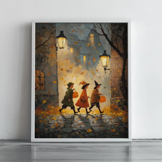 Halloween Night Street Scene Children Trickortreating In Vintage Costumes Autumn Wall Art Rustic Decor 121