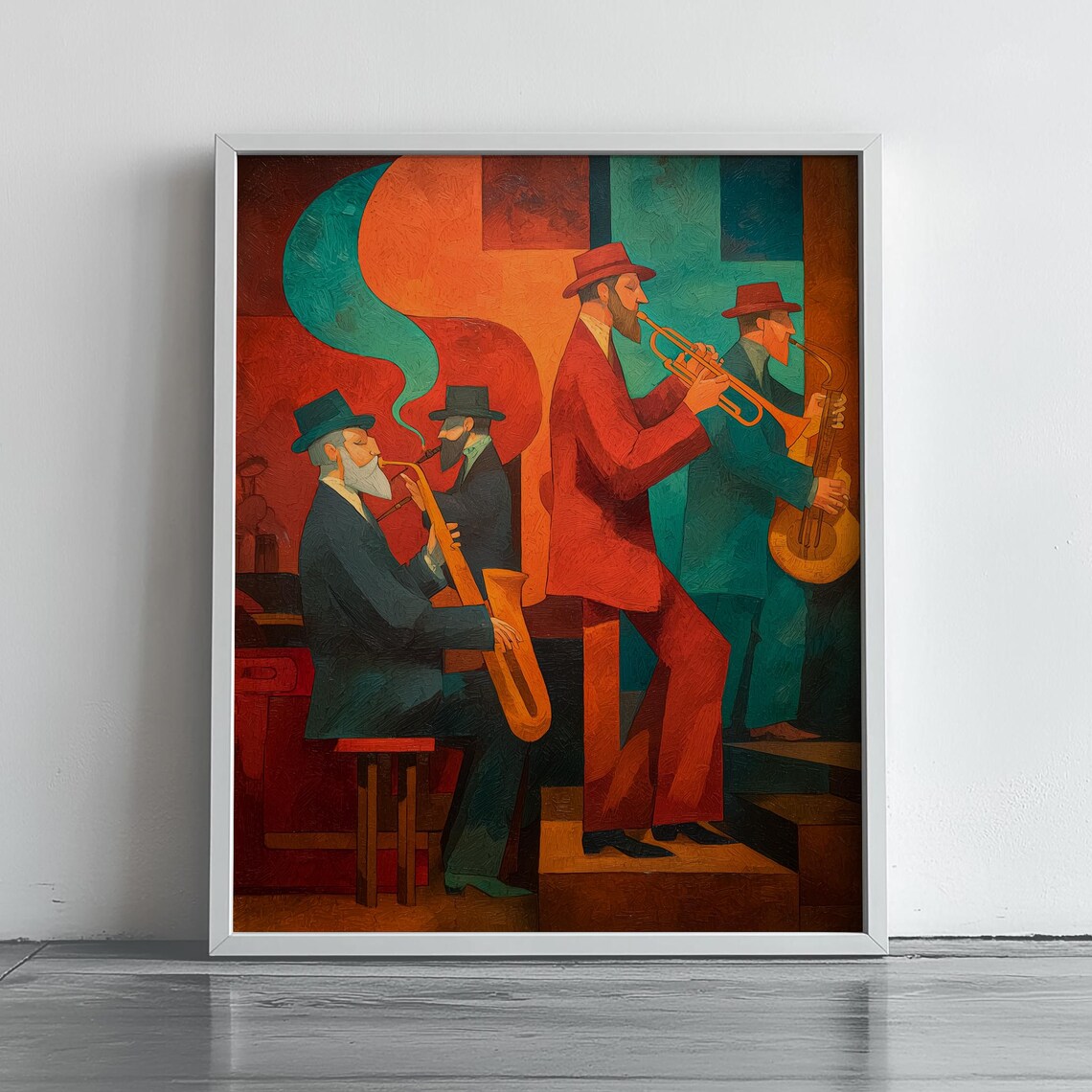 Vibrant Jazz Band Musicians Saxophone Trumpet Expressive Red Teal Club Art Poster