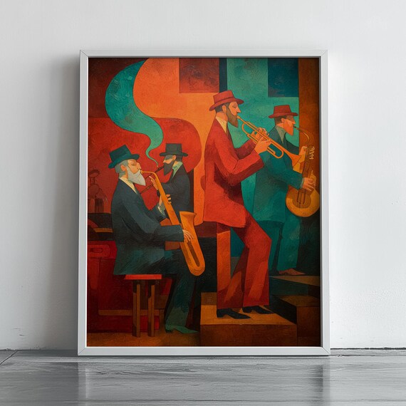 Vibrant Jazz Band Musicians Saxophone Trumpet Expressive Red Teal Club Art Poster