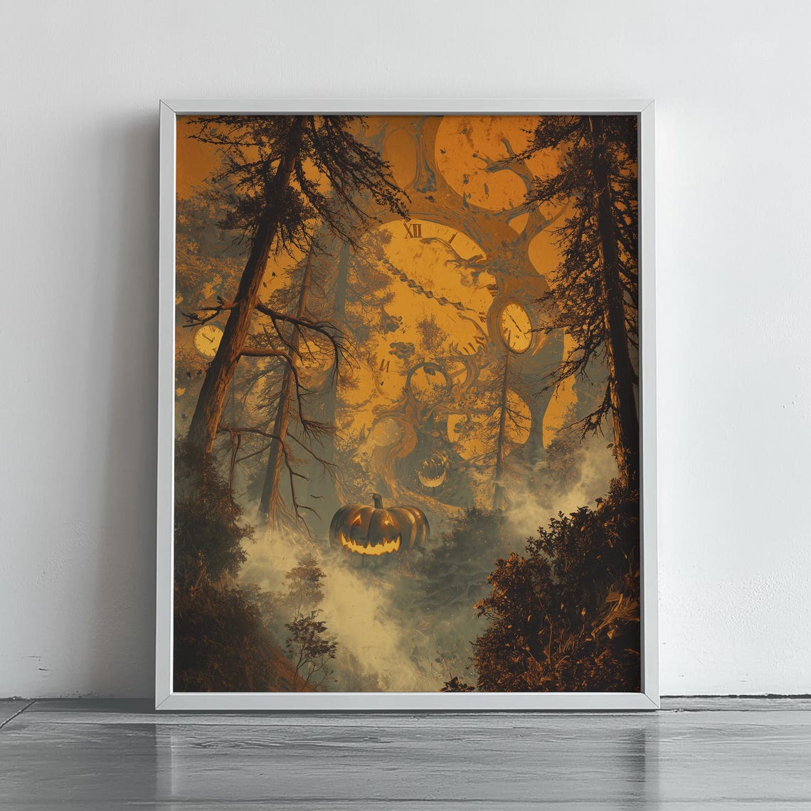 Giant Jack O Lantern in Misty Orange Halloween Forest With Clocks Poster