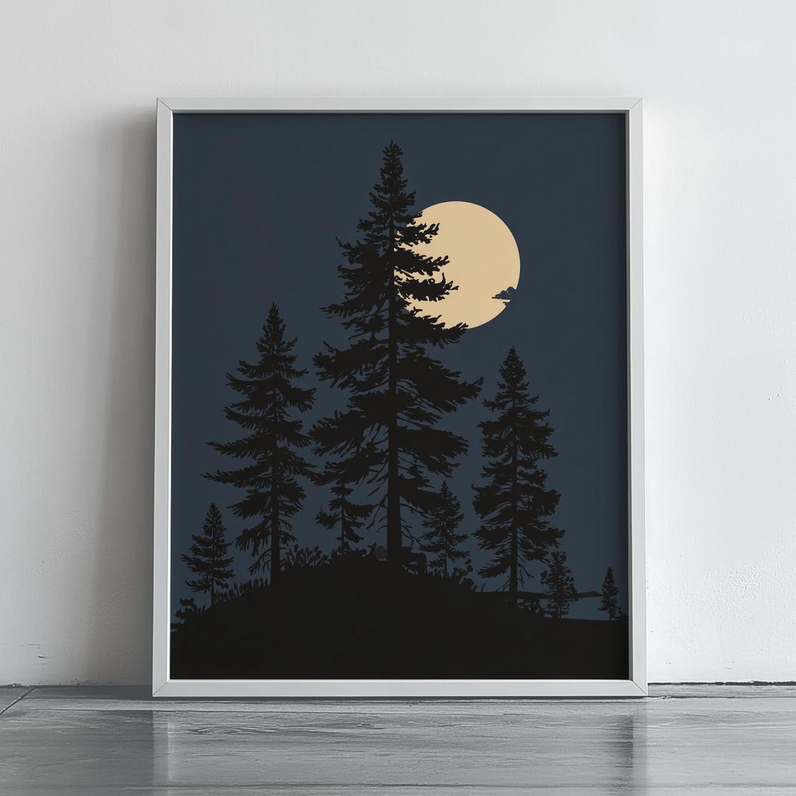 Full Moon Over Pine Forest Night Sky Big Silhouette Art Poster
