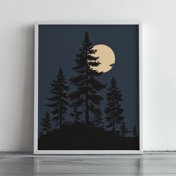 Moonlit Forest Night Scene Serene Silhouette Landscape Rustic Nature Wall Art Dark Tranquil Decor Vintage Style Print 490