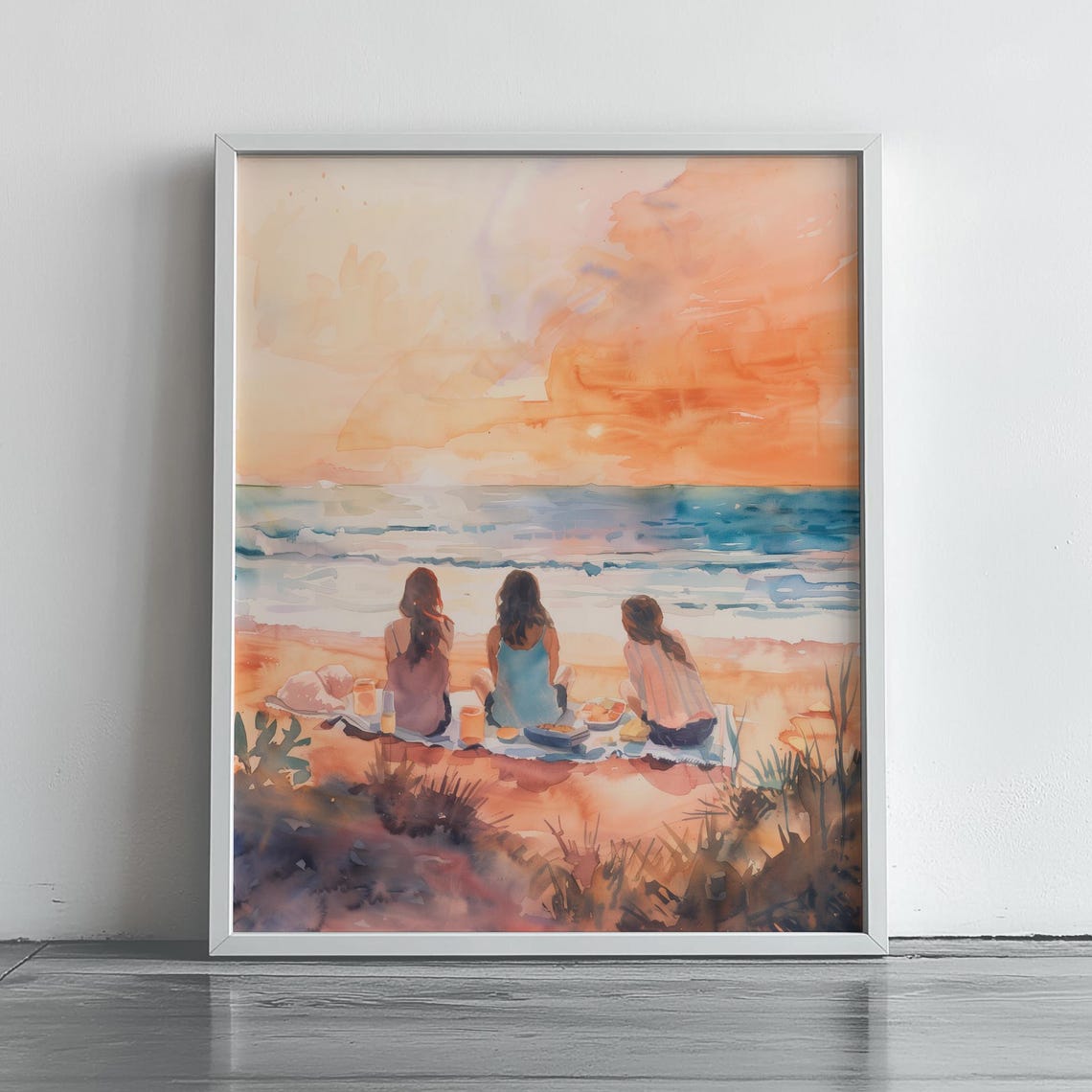 Three Friends Sunset Beach Picnic Watercolor Summer Scene Poster