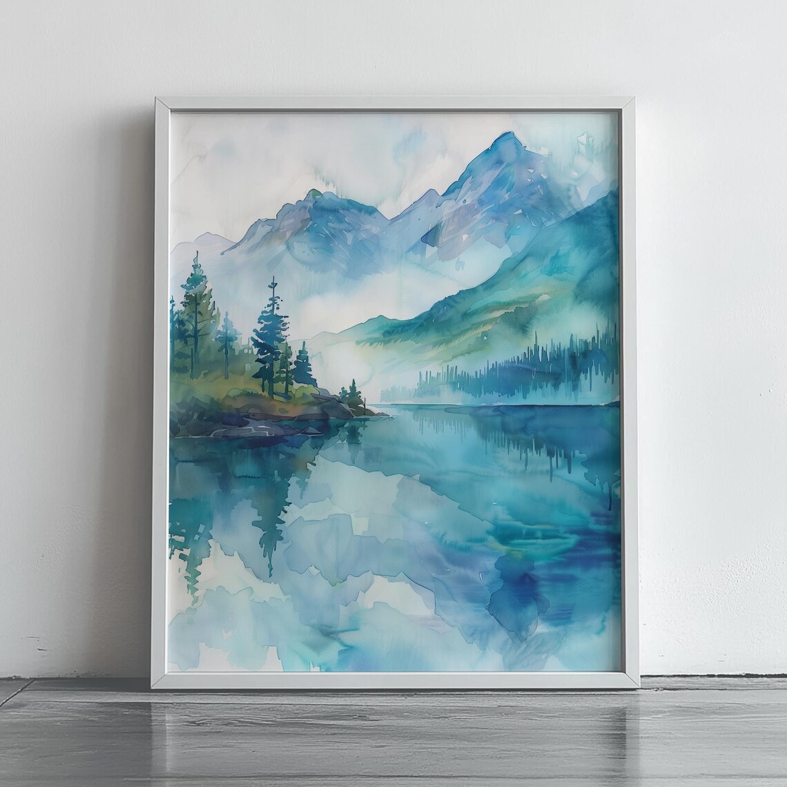 Dreamy Mountain Lake With Reflections Watercolor Nature Art Poster
