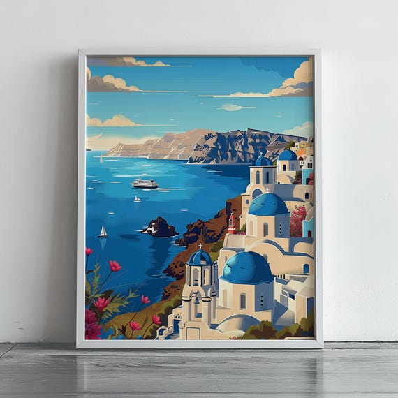 Santorini Greece Wall Art Vintage Travel Poster Greek Island Decor Coastal Landscape Blue Dome Churches Illustration 204