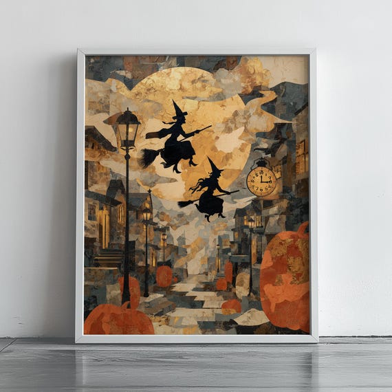 Witches Flying Over Village Full Moon Vintage Halloween Poster