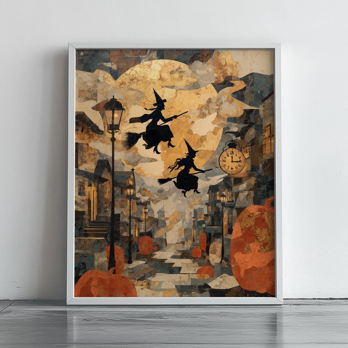 Witches Flying Over Village Full Moon Vintage Halloween Poster