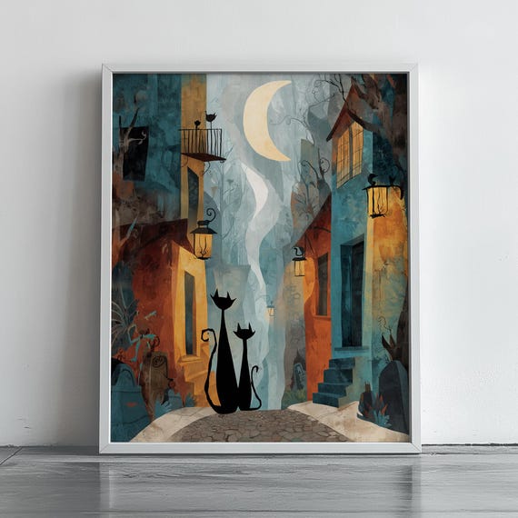 Black Cat Moonlit Alley Stylized Spooky Halloween Night Art Poster