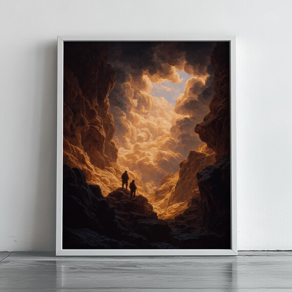Dramatic Canyon Climbers Golden Sunset Cloudscape Adventure Poster