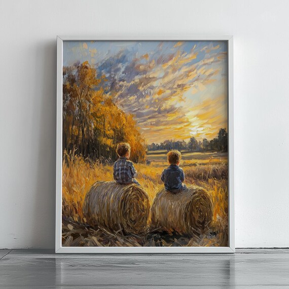 Autumn Sunset Children On Hay Bales Rustic Farm Landscape Poster