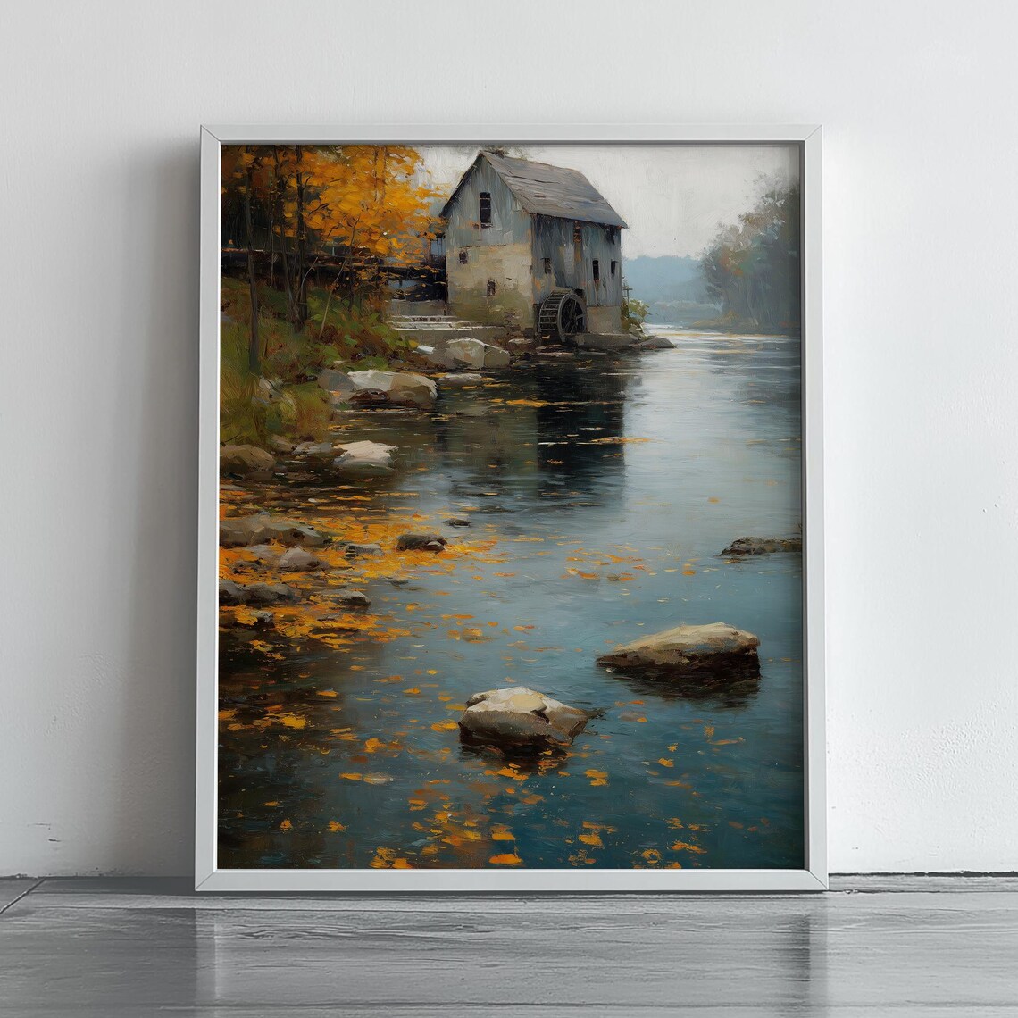 Rustic Old Watermill by a Fall River Poster with Golden Autumn Leaves Scene