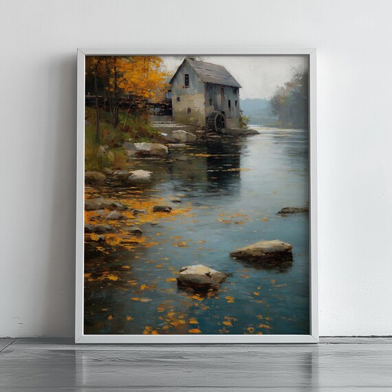 Rustic Old Watermill by a Fall River Poster with Golden Autumn Leaves Scene