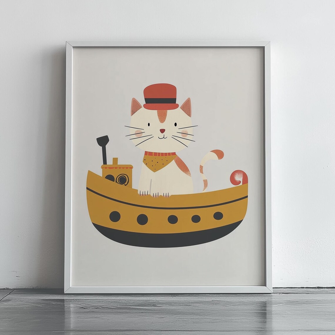 Cute Cat Captain Red Sailor Hat Steering Tugboat Nautical Kids Room Art Poster