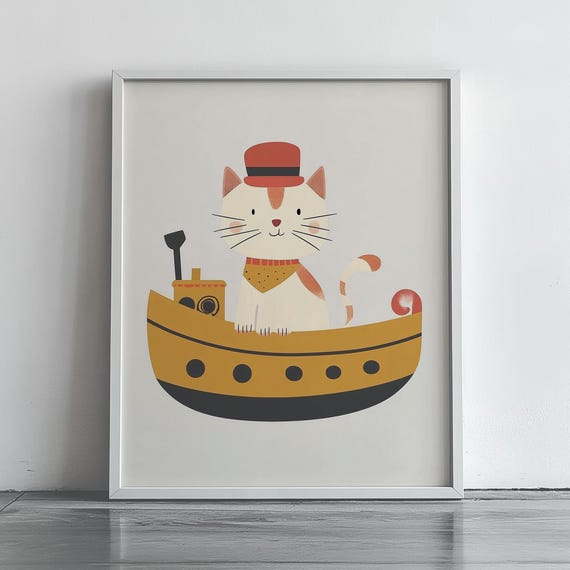 Minimalist Cat Captain On Tugboat Cute Nautical Art Charming Kids Room Decor Whimsical Animal Wall Print 321