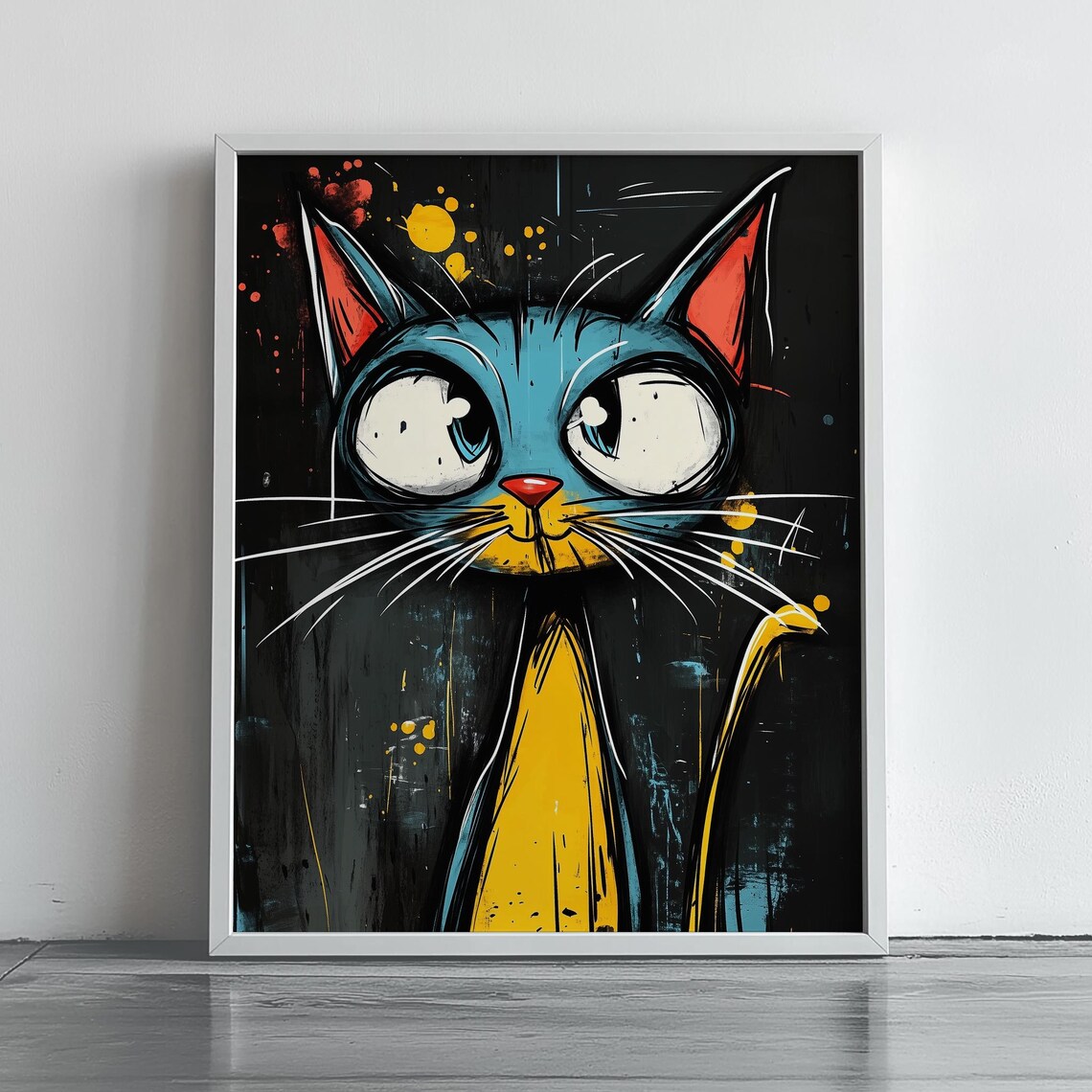 Whimsical Blue Cat Funky Colorful Splatter Style Animal Art Poster