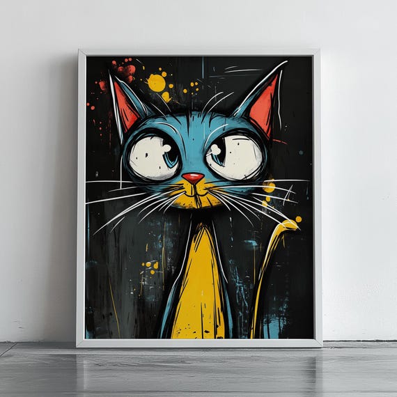 Abstract Cat Wall Art Funky Colorful Painting Whimsical Animal Decor Playful Illustration Print 253