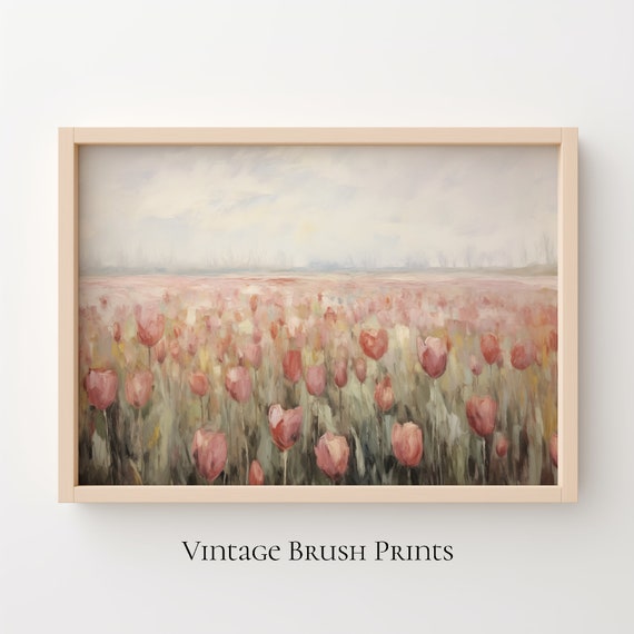 Vintage Tulip Field Painting Retro Spring Landscape