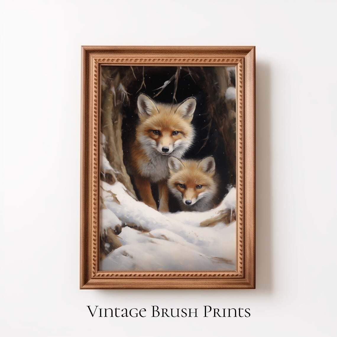 Red Fox Family Peeking From Snowy Hollow Winter Wildlife Poster
