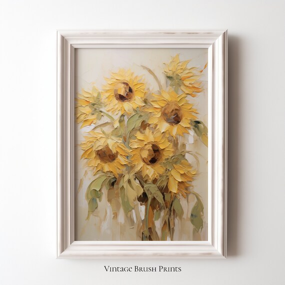 Yellow Sunflower Impasto Vintage Spring Floral Painting Poster
