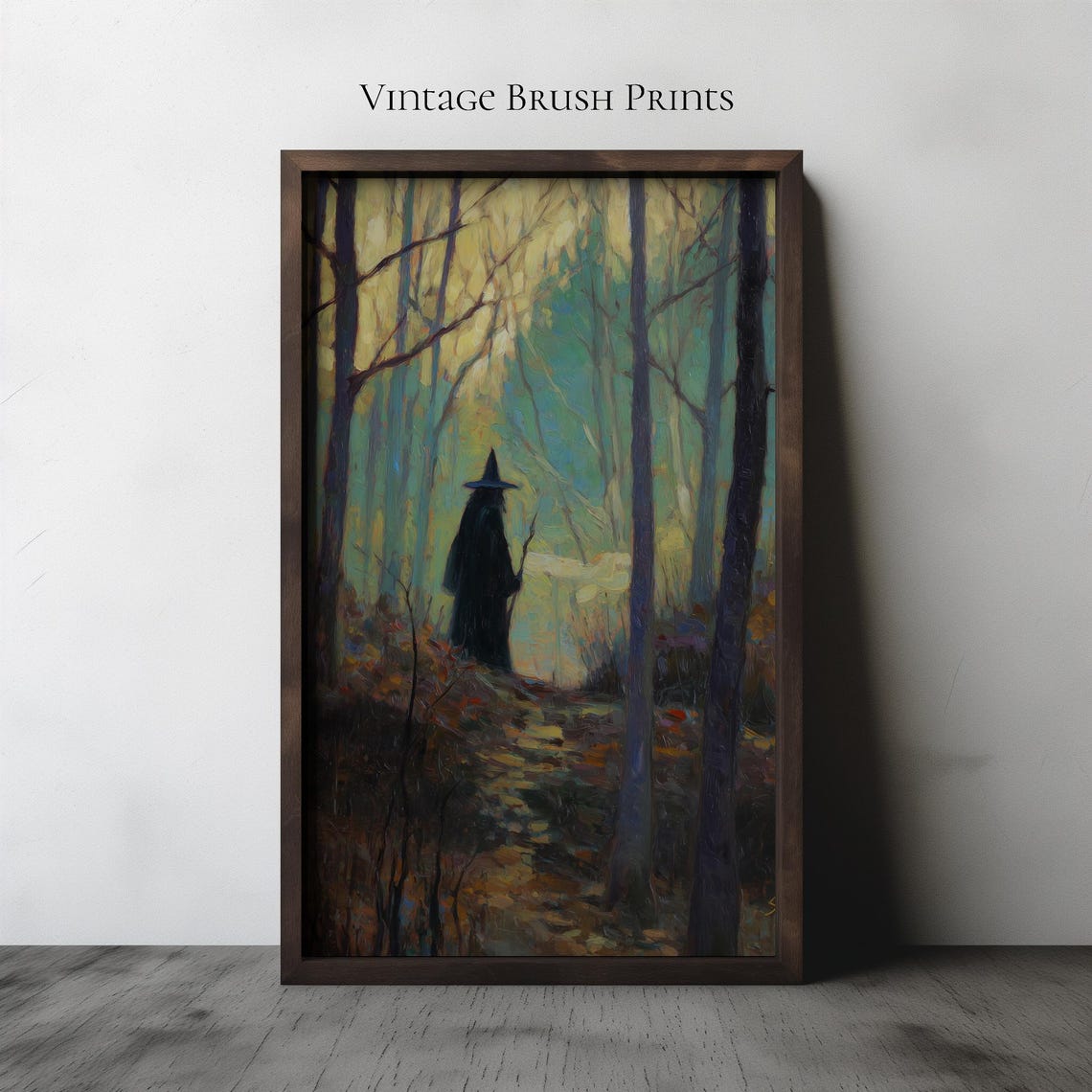 Witch Silhouette Standing In Misty Forest Moody Halloween Poster