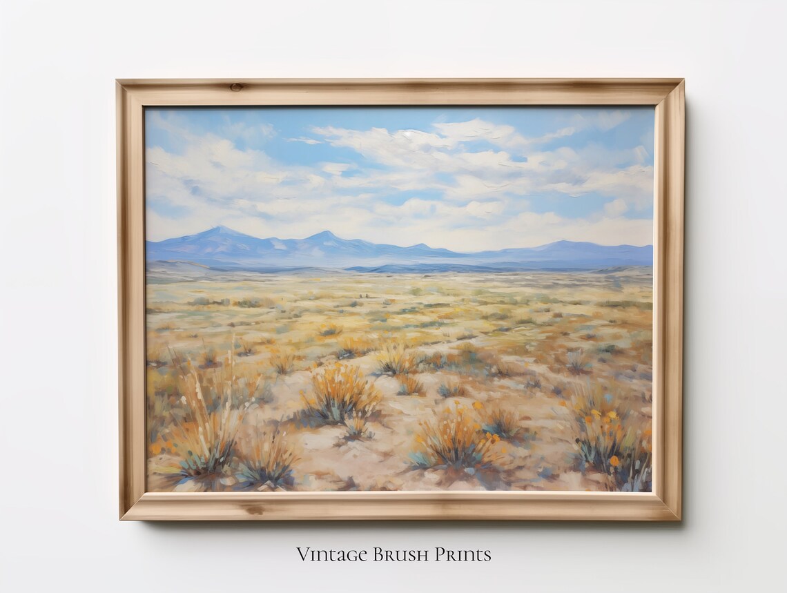 Desert Prairie Landscape With Distant Blue Mountains Golden Grass Poster