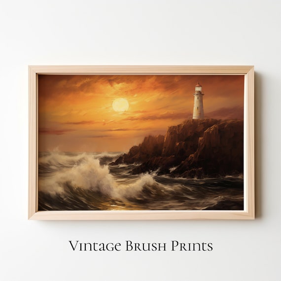 Vintage Lighthouse Seascape Art Print Coastal Nautical Decor