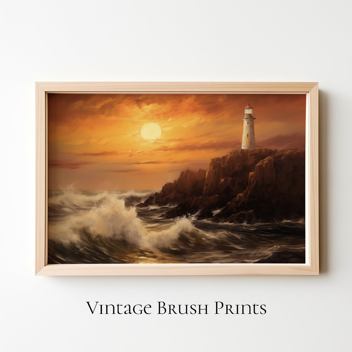 Lighthouse on Rocky Cliff Sunset Crashing Waves Vintage Poster
