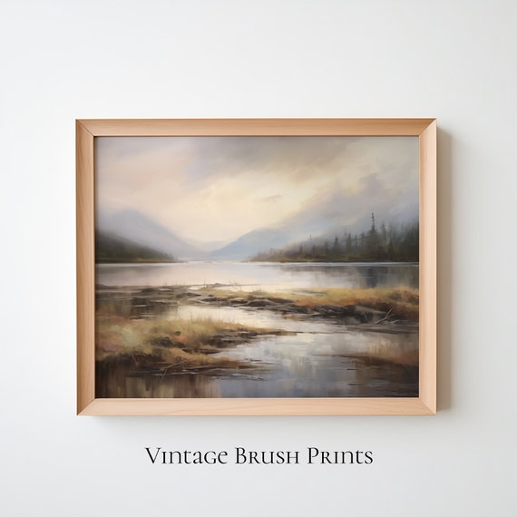 Vintage Lake Painting Rustic Landscape Print Muted Green Wall Art