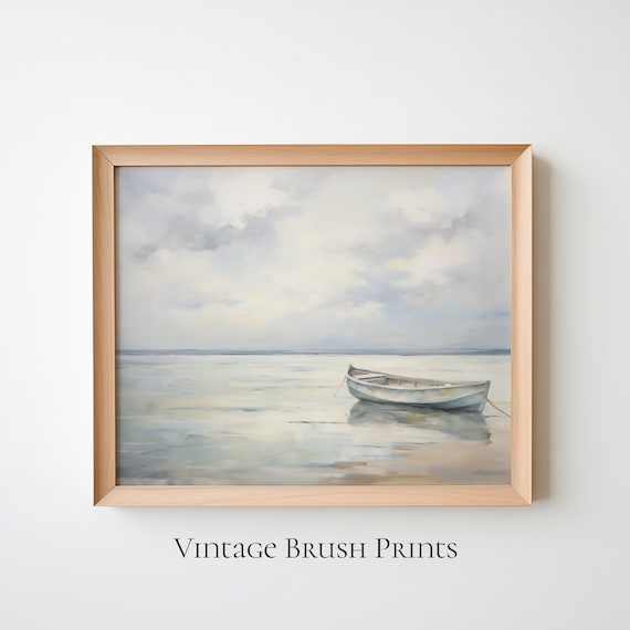 White Boat Calm Water Minimalist Coastal Serene Vintage Art Poster