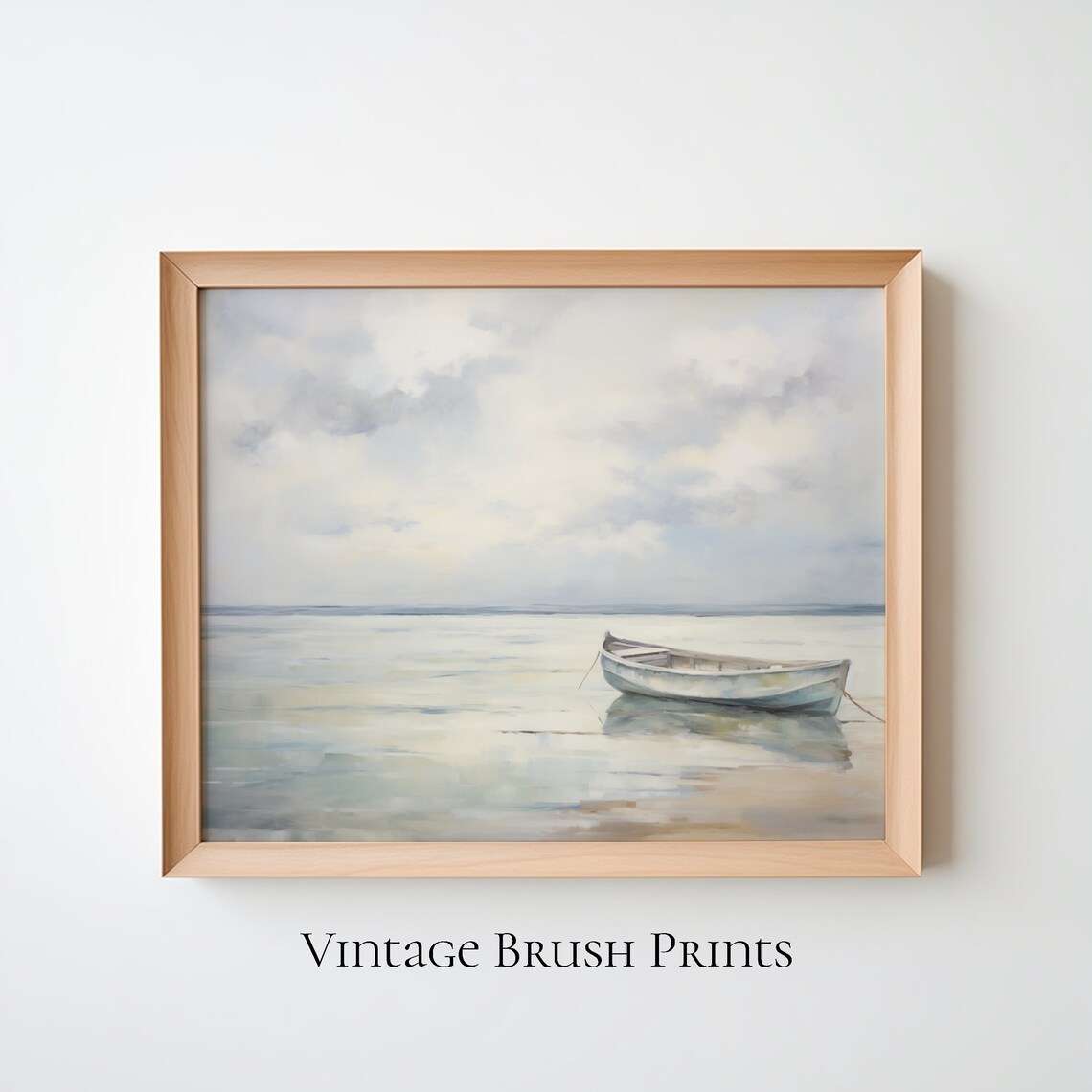 White Boat Calm Water Minimalist Coastal Serene Vintage Art Poster