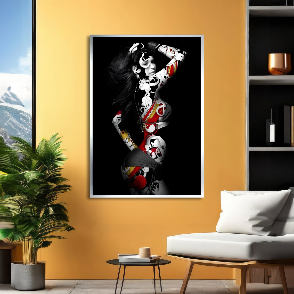 Woman Silhouette Red Graffiti Patterns Black Background Poster - Image 6