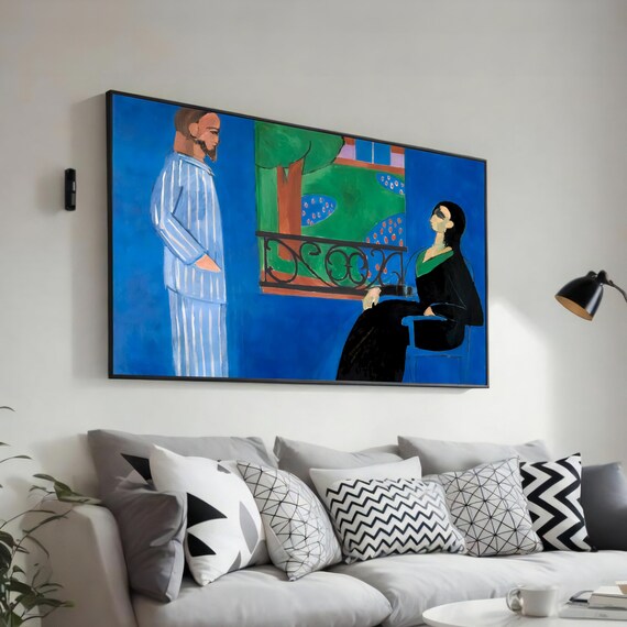 Matisse-Style Couple by the Balcony Window in Blue Room Poster