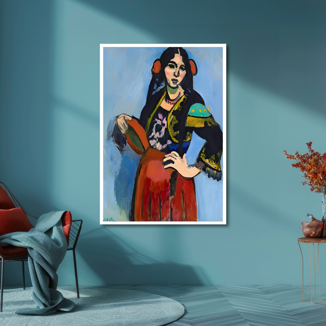 Matisse-Style Woman in Red Skirt Folk Costume Against Blue Poster - Image 6
