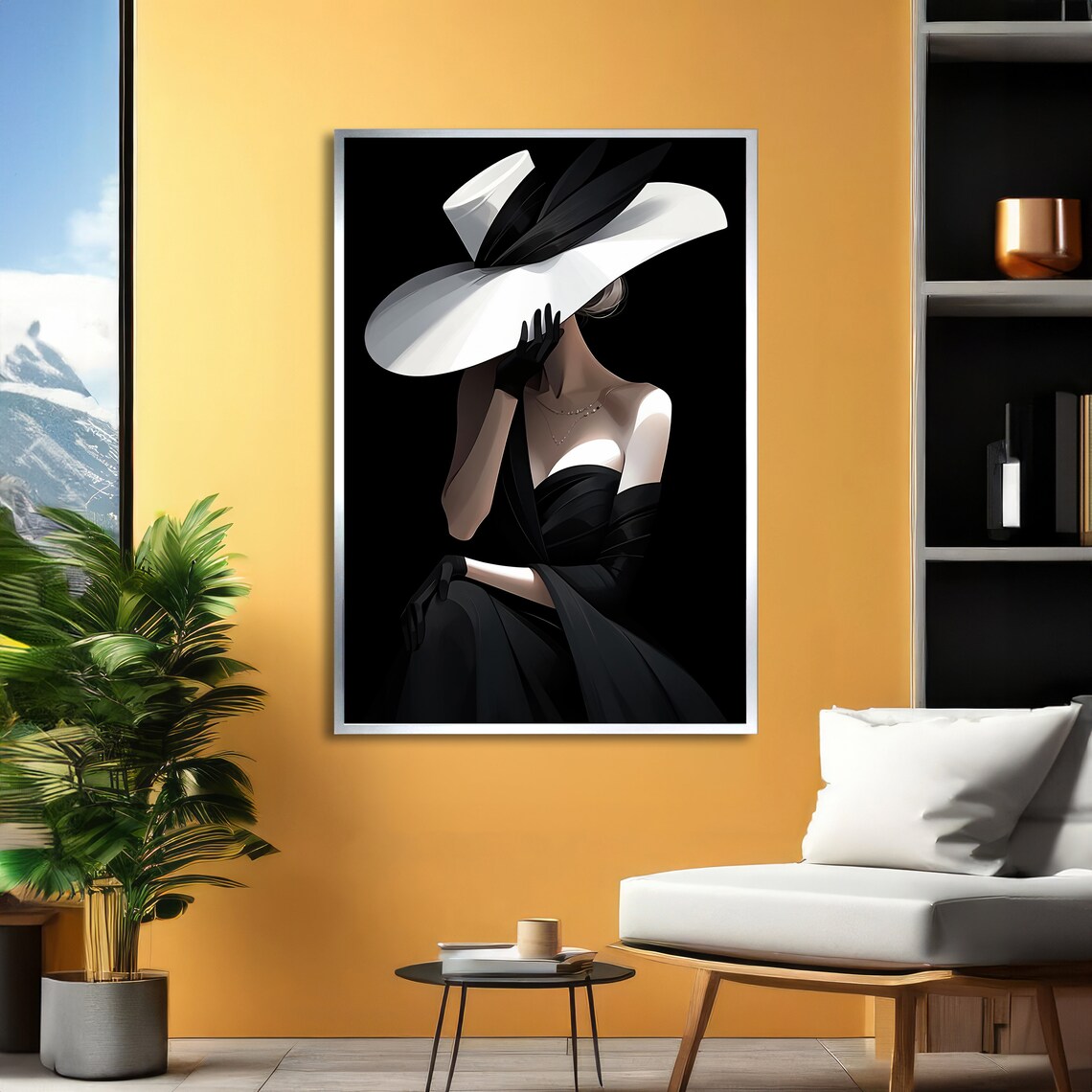 Elegant Lady in Black With a Wide White Hat Glamour Art Poster - Image 2