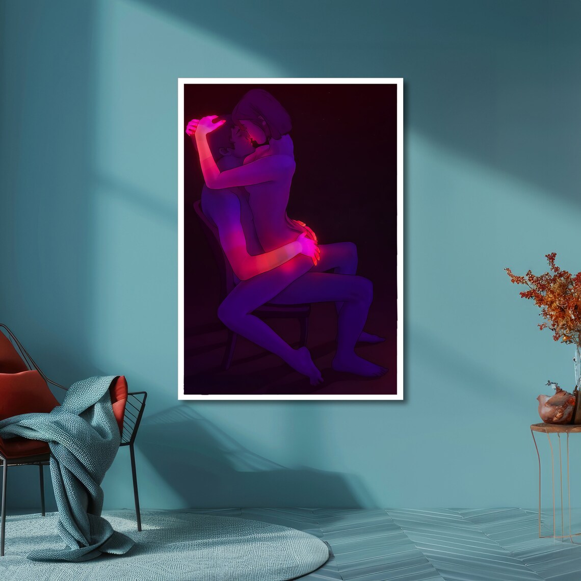 Neon Embracing Couple Purple and Red Dark Romance Art Poster - Image 3