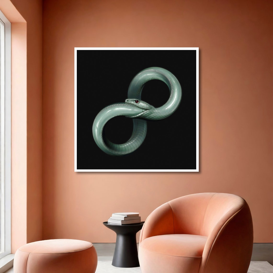 Pale Green Ouroboros Serpent in Infinite Loop on Black Poster - Image 6