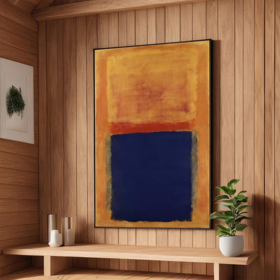 Navy Blue And Orange Abstract Modern Expressionist Color Field Wall Art Bold Minimalist Decor For Contemporary Spaces