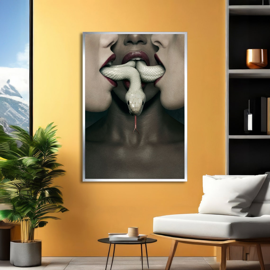 Sensual Close-Up Lips With a White Snake Surreal Erotic Art Poster - Image 2
