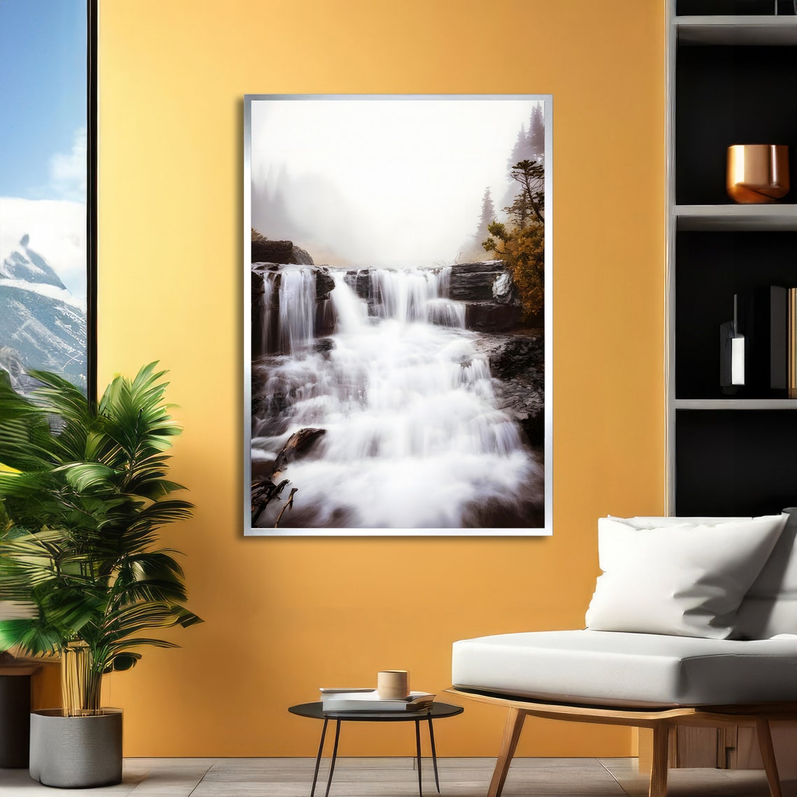 Misty Waterfall Cascading Through Foggy Rocks Serene Nature Poster - Image 2