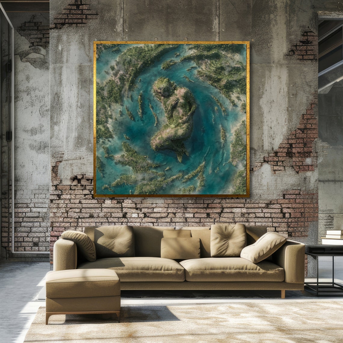 Aerial Turquoise Lagoon Around a Figure-Shaped Green Island Art Poster - Image 3