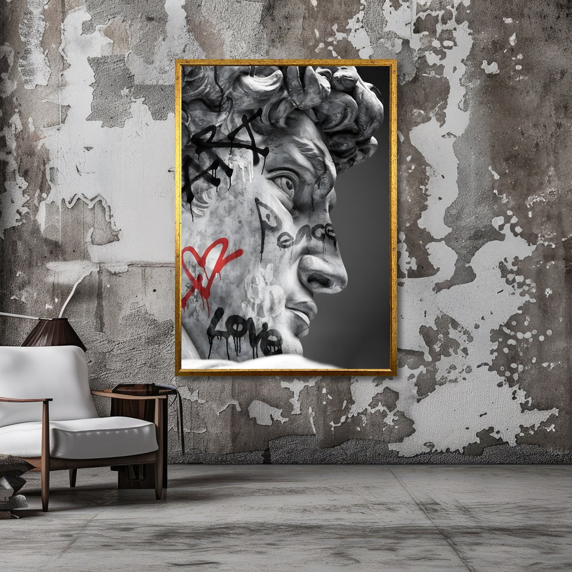 Graffiti David Statue with Peace Love Tags and Red Heart Urban Poster - Image 3