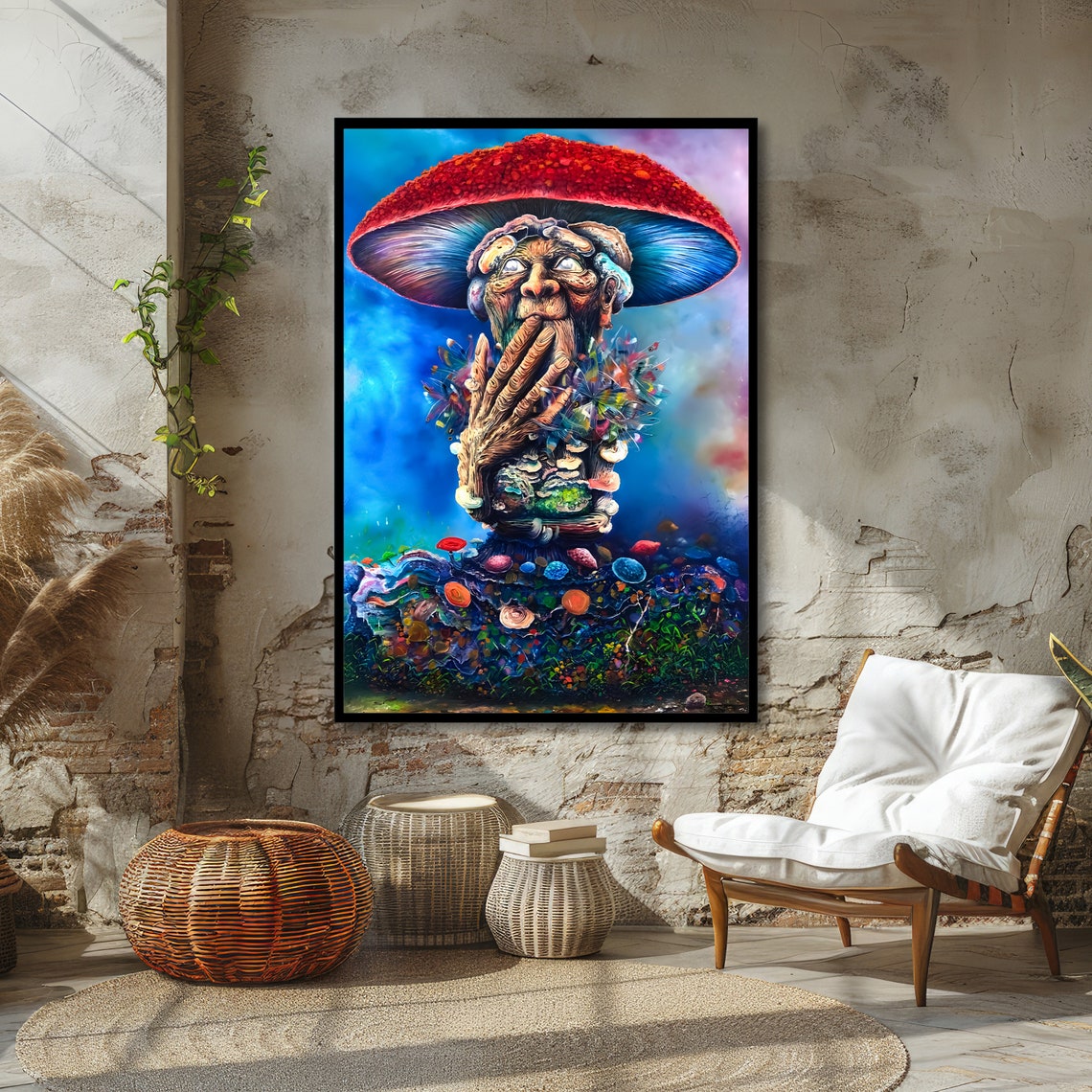 Surreal Red Mushroom Man Psychedelic Fantasy Vibrant Art Poster - Image 4