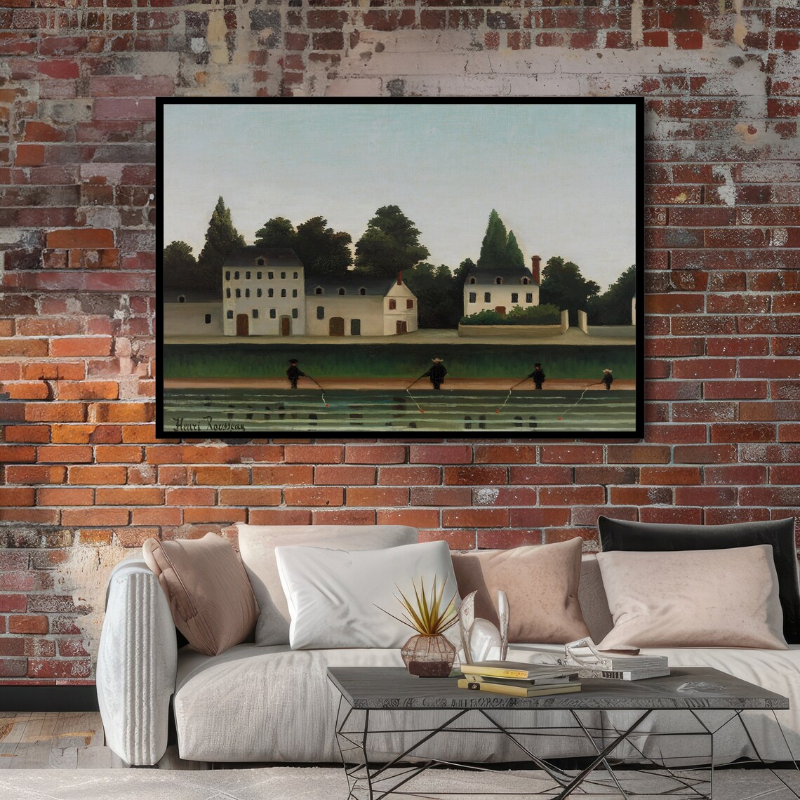 Rousseau Riverside Houses with Fishermen Calm River Scene Art Poster - Image 2