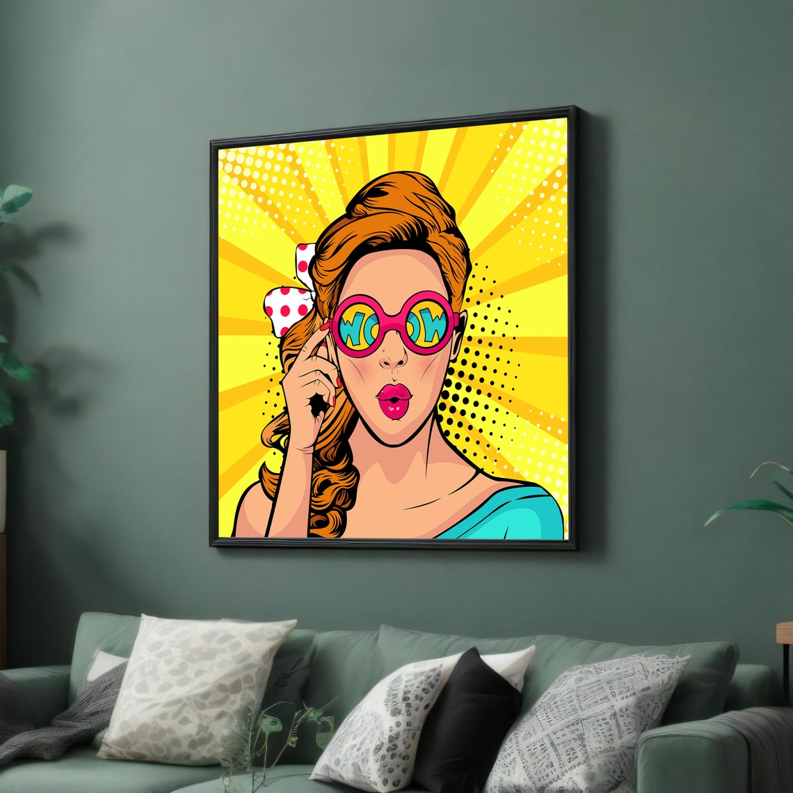 Retro Pop Art WOW Girl Pink Glasses Yellow Rays Surprise Poster