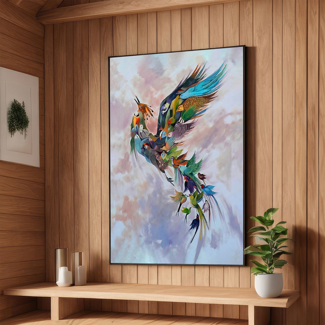 Colorful Birds Forming Giant Bird in Flight Freedom Art Poster