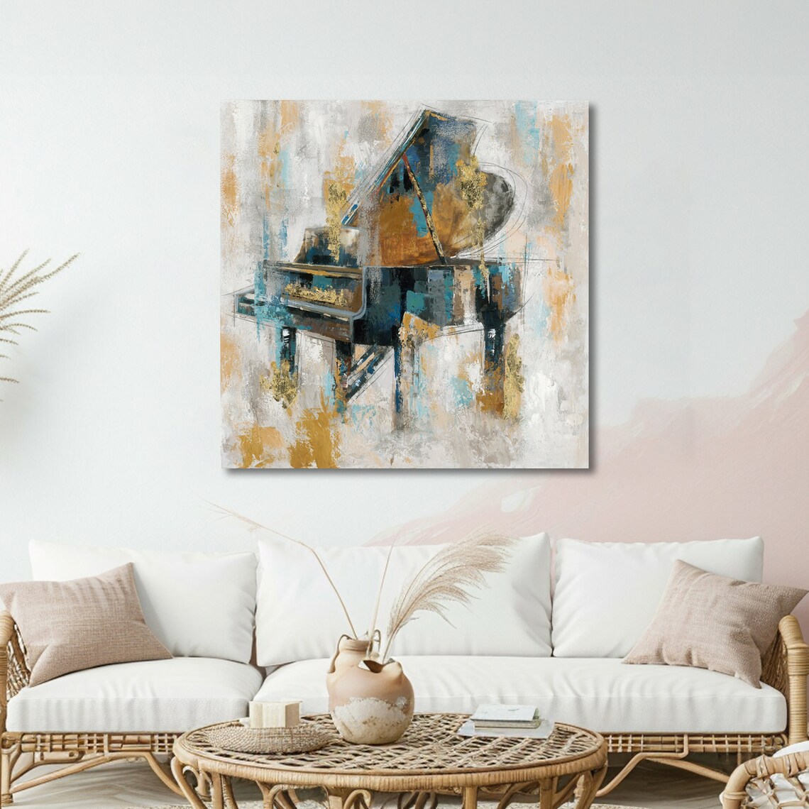 Abstract Grand Piano in Blue Ochre Gold Expressive Brushwork Art Poster - Image 2