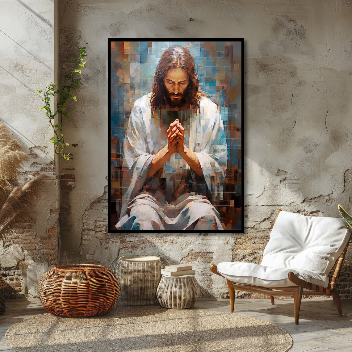 Jesus Christ Praying with Folded Hands Modern Textured Art Poster - Image 2